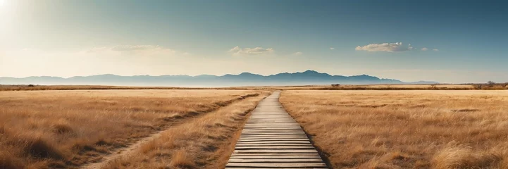 Foto op Canvas Beautiful panoramic sunny dried grass lands landscape with wooden path nature banner poster background backdrop from Generative AI © SevenThreeSky