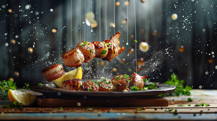 Bacon-wrapped scallops in mid-air with sparkling herbs and spices creating an action-packed culinary scene