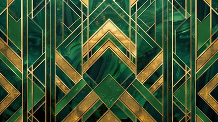 A detailed art deco wallpaper pattern in green and gold colors with elegant geometric shapes