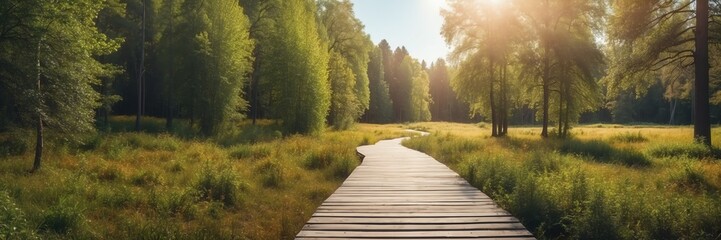 Naklejka na ściany i meble Beautiful panoramic sunny forest landscape with wooden path nature banner poster background backdrop from Generative AI