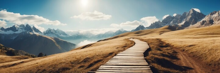 Beautiful panoramic sunny mountain cliff landscape with wooden path nature banner poster background backdrop from Generative AI - obrazy, fototapety, plakaty