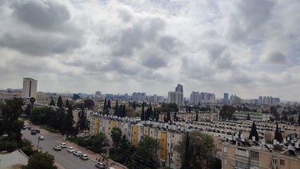 City top view, blue gray light sky nature white clouds whether background 
