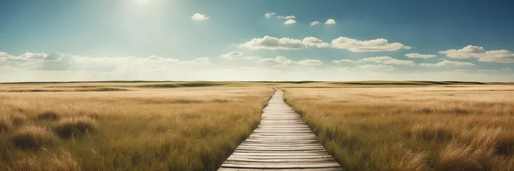 Foto op Canvas Beautiful panoramic sunny prairie grass lands landscape with wooden path nature banner poster background backdrop from Generative AI © SevenThreeSky