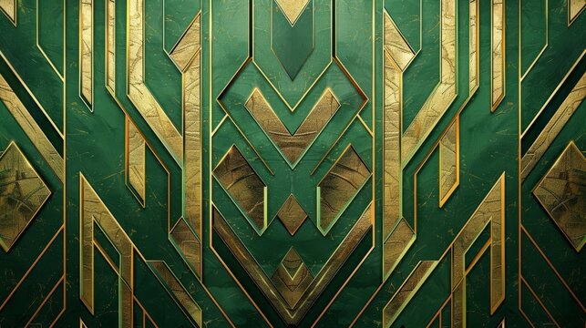 A stylish art deco wallpaper featuring geometric patterns in green and gold colors