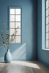 Empty interior background, room with blue wall, vase with branch and window 3d rendering. Generative AI.