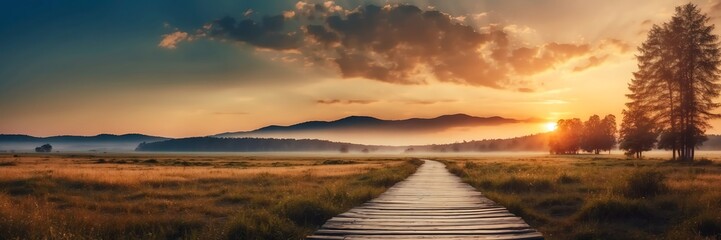 Beautiful panoramic sunset forest landscape with wooden path nature banner poster background backdrop from Generative AI