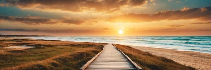Fototapeta na wymiar Beautiful panoramic sunset coastal landscape with wooden path nature banner poster background backdrop from Generative AI