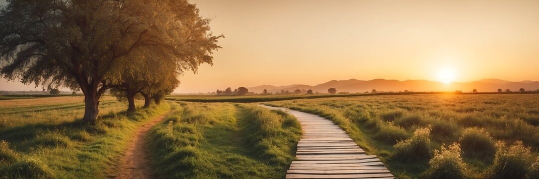 Beautiful panoramic sunset apple farm landscape with wooden path nature banner poster background backdrop from Generative AI