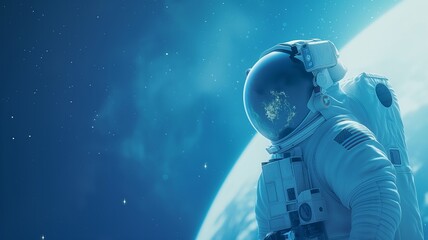 Astronaut in outer space with the earth behind him, banner for Cosmonautics Day in minimalism with copy space for text, blue color. Science and technology concept. - obrazy, fototapety, plakaty