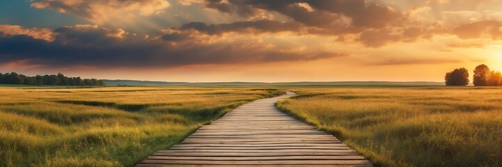 Beautiful panoramic sunset summer spring landscape with wooden path nature banner poster background backdrop from Generative AI