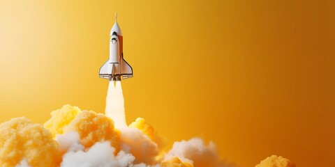 banner for Cosmonautics Day with a rocket taking off,  minimalism with copy space for text, yellow color background.  - obrazy, fototapety, plakaty