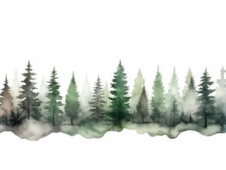 Panoramic Watercolor Tree Line of Cedar on White Background in Dark Green and Light Gray Style Generative AI