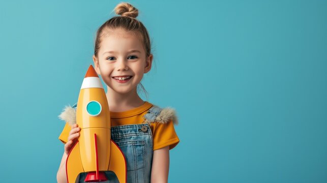 blonde little girl is smiling and holding a toy rocket on a blue background, copy space for text, minimalism, banner for Cosmonautics Day. Concept children and science.