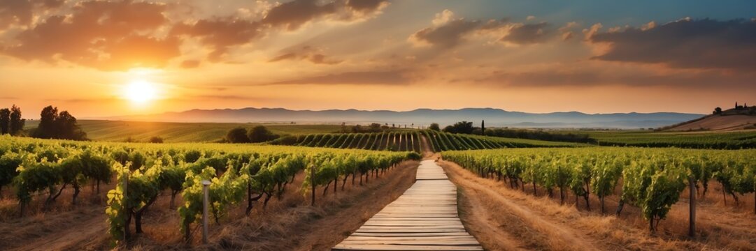 Beautiful panoramic sunset vineyard landscape with wooden path nature banner poster background backdrop from Generative AI