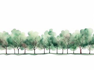 Watercolor Tree Line of Crabapple on White Background in Dark Green and Light Gray Style - Panoramic Generative AI