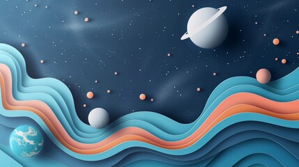 banner for Cosmonautics Day with planets and stars in minimalism with copy space for text, blue color background.  - obrazy, fototapety, plakaty