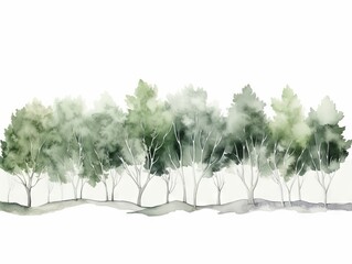 Watercolor Tree Line: Cottonwood in Dark Green and Light Gray Style on White Background Generative AI - obrazy, fototapety, plakaty