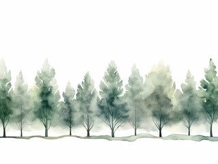 Watercolor Tree Line: Elm Series in Dark Green and Light Gray Christmas Punk Style on White Generative AI