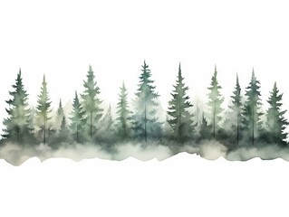 Watercolor Tree Line of Empress Trees on White Background in Dark Green and Light Gray Style - Xmaspunk Panorama Generative AI