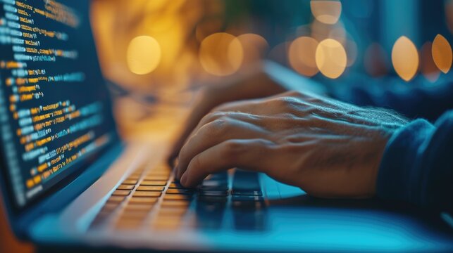 Close-up of a programmer's hands typing on a backlit keyboard, with lines of code displayed across multiple computer screens. AIG41