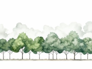 Watercolor Tree Line: Plane Trees on White Background in Dark Green and Light Gray Style Generative AI