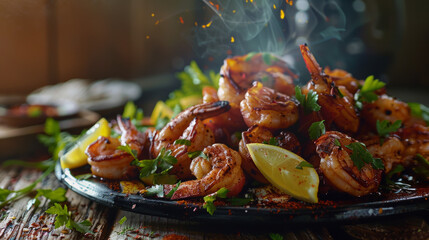 Sizzling shrimp cooked with herbs in a cast-iron skillet, emitting steam and smoke