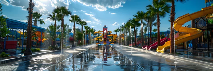 Poster Fun Kids Splashing Area at a Waterpark Palm Tree, A surreal landscape of a dark forest © a
