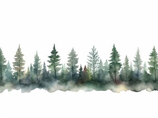 Watercolor Tree Line: Rowan Tree Panorama with Dark Green and Light Gray Holiday Aesthetics Generative AI