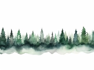 Watercolor Tree Line on White Background with Rubber Accents in Dark Green and Light Gray Christmas Punk Style Generative AI