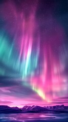 A stunning backdrop of vibrant aurora borealis lights in berry colors dancing across the sky, background, wallpaper - obrazy, fototapety, plakaty