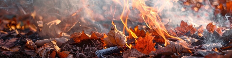 Golden flames dance among crisp autumn leaves, emitting a soft, hazy smoke into the seasonal air, background, wallpaper, banner