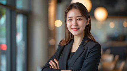 Smiling elegant confident young professional Korean business woman , female proud leader, smart asian businesswoman lawyer or company manager executive looking at camera standing in office