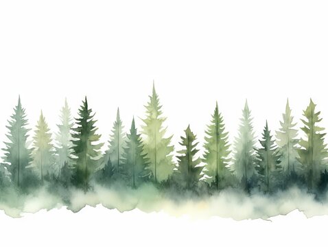 Panoramic Watercolor Tree Line with Acacia in Dark Green and Light Gray Style Generative AI