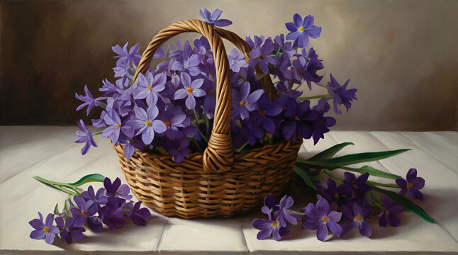 A painting featuring a basket filled with vibrant purple flowers in a realistic style .Generative AI
