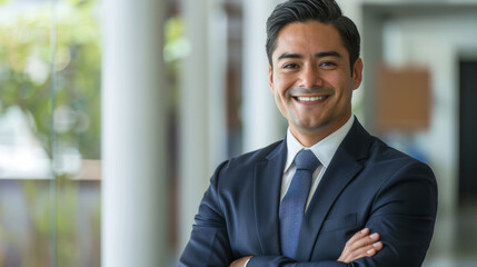 Smiling elegant confident young professional Latino hispanic business man , male proud leader, smart Latin businessman lawyer or company manager executive looking at camera standing in office - obrazy, fototapety, plakaty