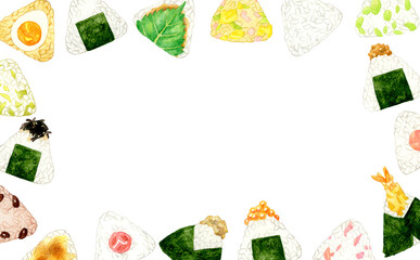 色々な種類のおにぎりのフレーム　食べ物・料理の手描き水彩イラスト背景素材