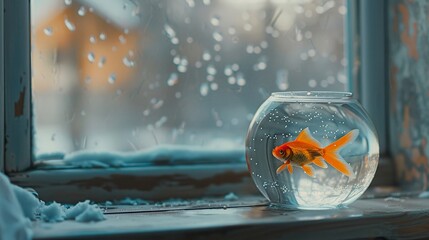 Goldfish in a slim bowl, stands near the window, outside, sleet whispers against the pane, a lonely view,