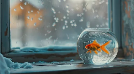 Fotobehang Goldfish in a slim bowl, stands near the window, outside, sleet whispers against the pane, a lonely view, © Pakorn