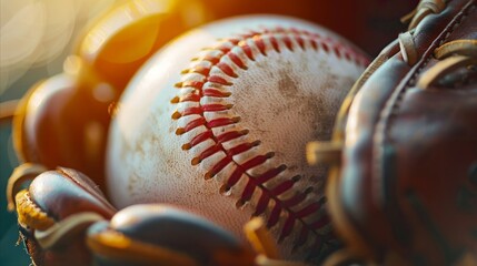 Baseball in glove, closeup, ready to play, bright field light, sports passion, detailed texture - obrazy, fototapety, plakaty