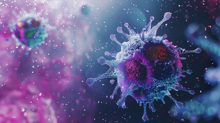 Obraz premium Close-up digital representation of a virus particle with glowing and iridescent colors against a blurred background.