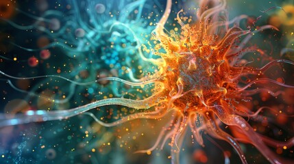 Digital art rendering of a neuron synapse with vivid colors and dynamic textures, representing neural activity.