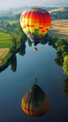 Fototapeta premium A brightly colored hot air balloon soaring high above a patchwork of farmland, its reflection visible in a tranquil river below ,