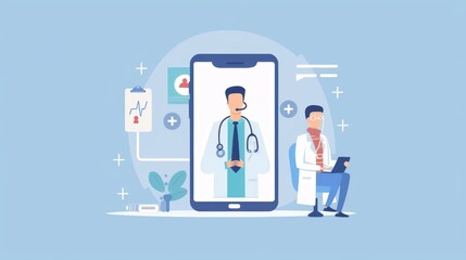 Fototapeta na wymiar Illustration of telemedicine concept with doctors and healthcare icons surrounding a smartphone, indicating remote medical services.