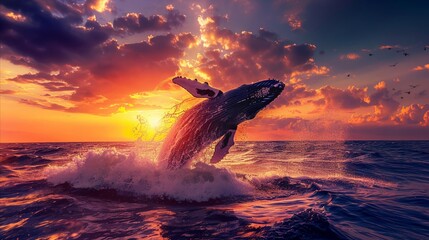 Whale breach, ocean horizon, sunset, majestic nature, dynamic splash, vibrant silhouette