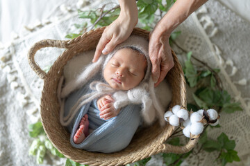 Newborn photo of an 8-day-old Taiwanese and half-Australian newborn baby sleeping in a basket in a...