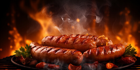 Appetitive sausage on the flaming grill delicious crisp sagrilled usages  with dark background
 - obrazy, fototapety, plakaty