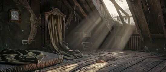 Vintage attic scene with abandoned house and eerie ambiance.
