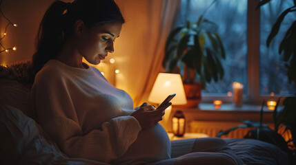 Expectant mother browses mobile for baby info, turns on lamp in bedroom at nighttime.