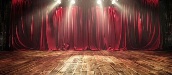 Stage with red curtain and wooden floor lit by spotlights