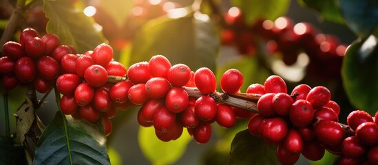 A tree producing a cluster of red coffee beans, which are seedless fruit and a natural food known for their rich flavor. Coffee beans are a staple food and produce consumed globally